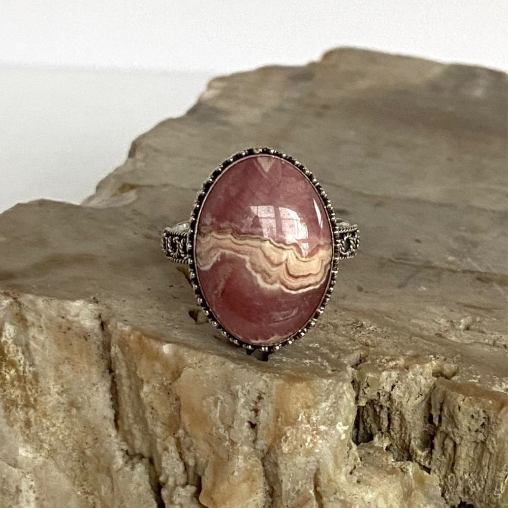 Sterling Silver 925 MNSN Oval Bezel Set Pink Rhodochrosite Cabochon Ring Sz 6.5 - Picture 4 of 16